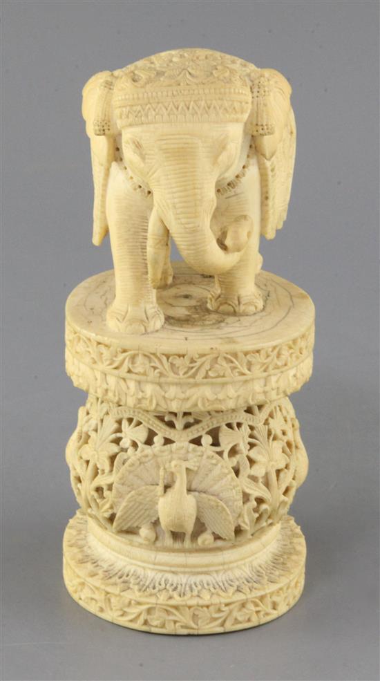 An Indian or Burmese ivory figure of an elephant, late 19th century, height 20cm, one tusk lacking